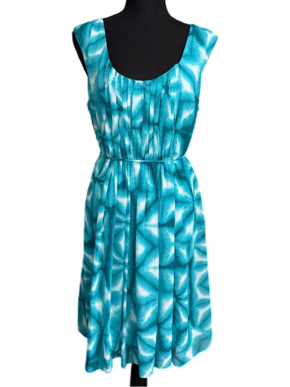 Calvin Klein - Teal Blue Shibori Tie Dye Pleated Fit & Flare Dress - Size 12